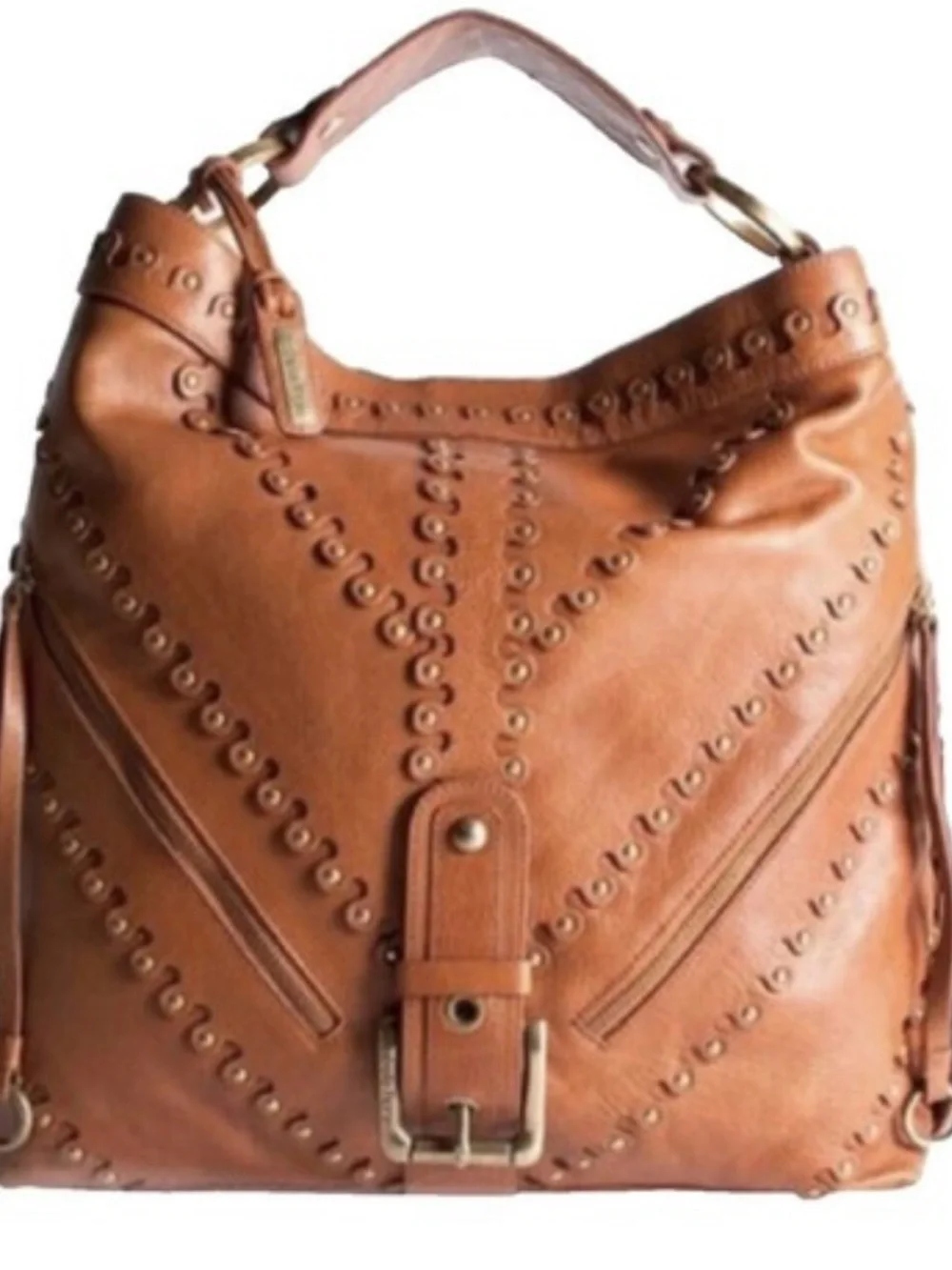 Isabella Fiore Tan Leather Hobo with Buckle & Stud Detailing
